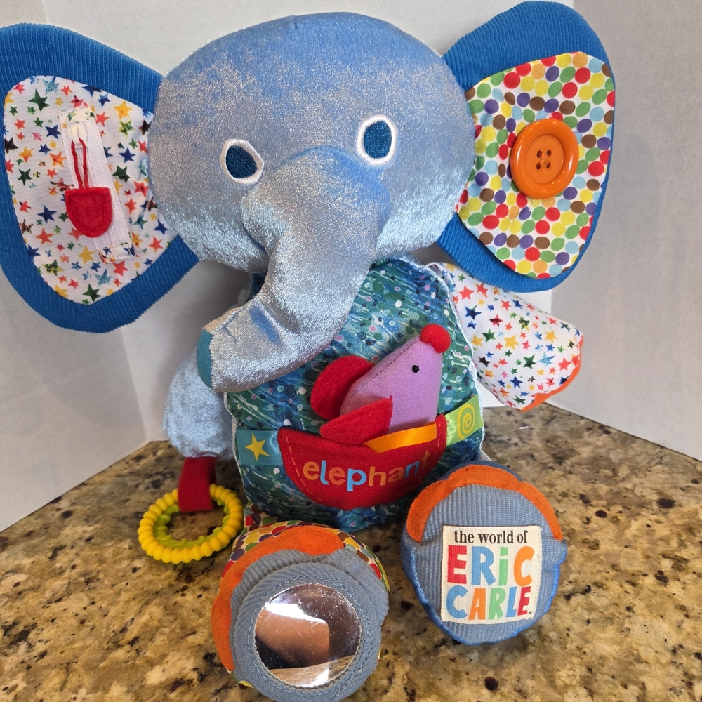 Eric Carle Blue Elephant Activity Plush Button Zip Mirror Teether Chime Toy